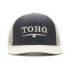 Image of a black linen cap with white mesh back and white Toro logo