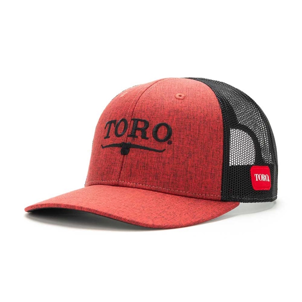 Image of a red hat with black mesh back and black Toro logo