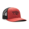 Image of a red hat with black mesh back and black Toro logo