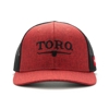 Image of a red hat with black mesh back and black Toro logo