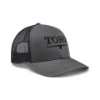 Toro Richardson 112 Charcoal Hat 2.0 Front Angled Photo showing Toro Vintage logo on front of cap in black and wearer's right side mesh panel of hat blank.