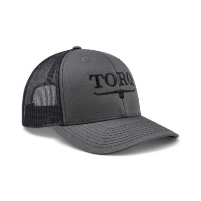 Toro Richardson 112 Charcoal Hat 2.0 Front Angled Photo showing Toro Vintage logo on front of cap in black and Red Toro Shield logo on wearer's left mesh panel of hat.