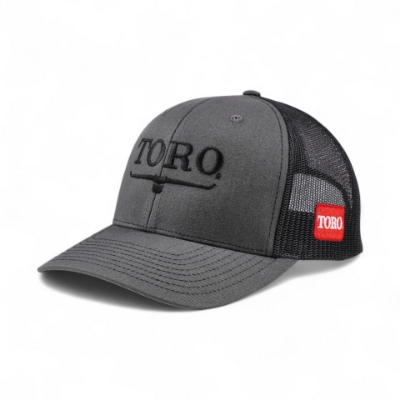 Toro Richardson 112 Charcoal Hat 2.0 Front Angled Photo showing Toro Vintage logo on front of cap in black and Red Toro Shield logo on wearer's left mesh panel of hat.