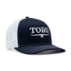 Toro Richardson 112 Navy Hat front angled photo showing front crown and bill in navy blue with white stitching and white Toro Vintage logo centered on the front. You can also see the wearer's right side mesh panel which is blank.