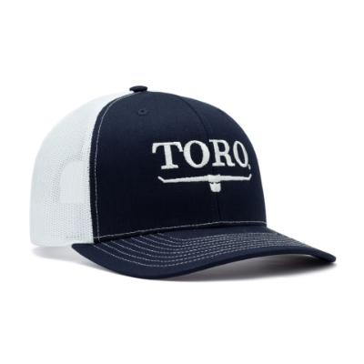 Toro Richardson 112 Navy Hat front angled photo showing front crown and bill in navy blue with white stitching and white Toro Vintage logo centered on the front. You can also see the wearer's left side mesh panel in white with Red Toro Shield Logo.