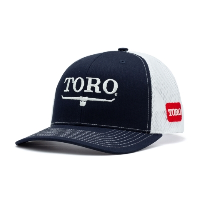 Toro Richardson 112 Navy Hat front angled photo showing front crown and bill in navy blue with white stitching and white Toro Vintage logo centered on the front. You can also see the wearer's left side mesh panel in white with Red Toro Shield Logo.