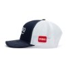 Toro Richardson 112 Navy Hat side photo showing wearer's left side of the hat. You can see that the front panels and bill are navy blue with white stitching, the back panels are all white mesh, and the first mesh panel has the Red Toro Shield logo on it.