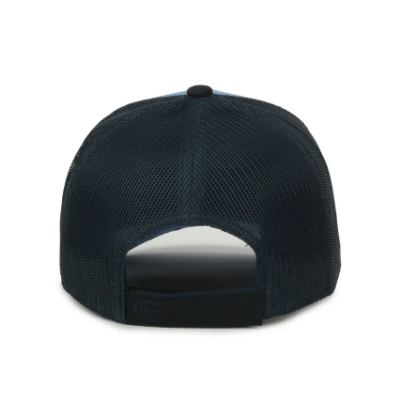 Front angled photo of Toro Bay Blue Cap that shows a light blue front and bill with a red and white Toro logo in the wearer's bottom left corner. Side and back mesh is black and front of cap has matching black contrast stitching.
