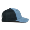Side photo of Toro Bay Blue Cap on a white background. Shows black mesh back panels, light blue front panels and bill, and black contrast stitching throughout.
