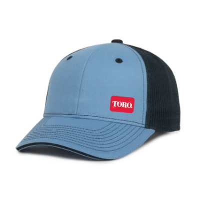 Front angled photo of Toro Bay Blue Cap that shows a light blue front and bill with a red and white Toro logo in the wearer's bottom left corner. Side and back mesh is black and front of cap has matching black contrast stitching.