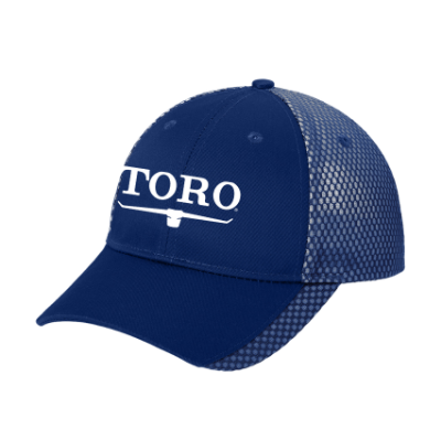 Front angled photo of Toro Two-Tone Royal Mesh Cap on a white background. Photo shows front panels and bill in a royal blue color with the Toro Vintage logo embroidered in white in the front center of cap. Side panels made of a white and royal overlay mesh in a small circular pattern that wraps onto each side of the bill.