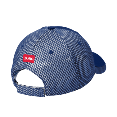 Front angled photo of Toro Two-Tone Royal Mesh Cap on a white background. Photo shows front panels and bill in a royal blue color with the Toro Vintage logo embroidered in white in the front center of cap. Side panels made of a white and royal overlay mesh in a small circular pattern that wraps onto each side of the bill.