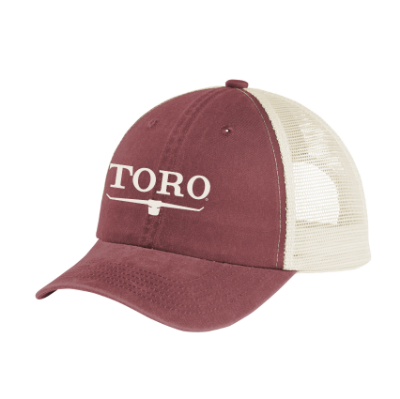 Front angled photo of Toro Washed Rust Cap on a white background. Front panels and bill are a washed red/rust color with the Toro Vintage logo embroidered in cream on the front center of cap. Back panels are a matching cream mesh.