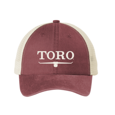 Front angled photo of Toro Washed Rust Cap on a white background. Front panels and bill are a washed red/rust color with the Toro Vintage logo embroidered in cream on the front center of cap. Back panels are a matching cream mesh.